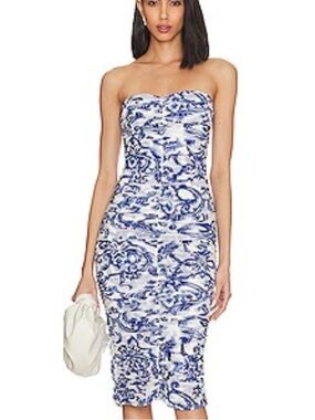 JCREWStrapless Blue and White Print Midi Dress! Super flattering!! 8